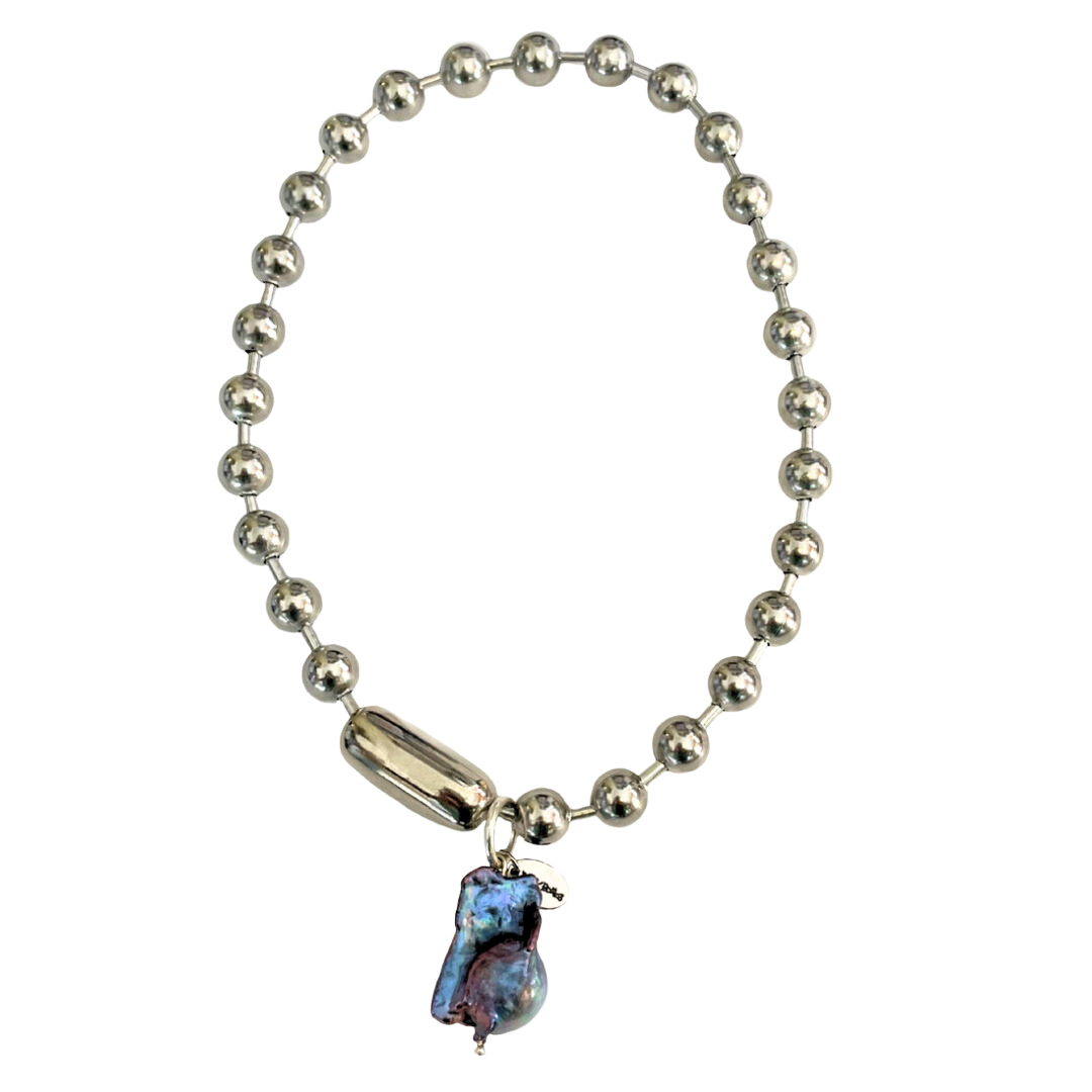 Silver Baroque Pearl Ball Chain Necklace